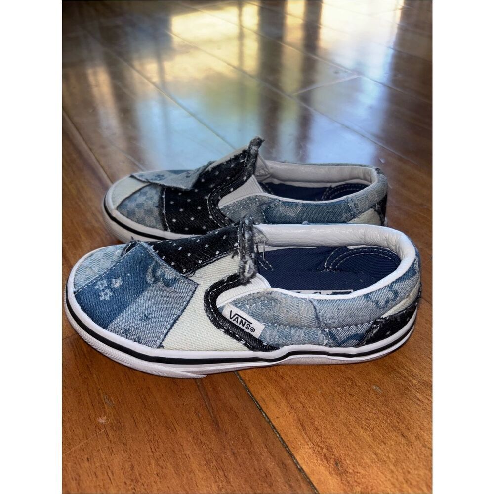 Vans Kids Patchwork Denim & Black Slip-On Sneakers size 11c